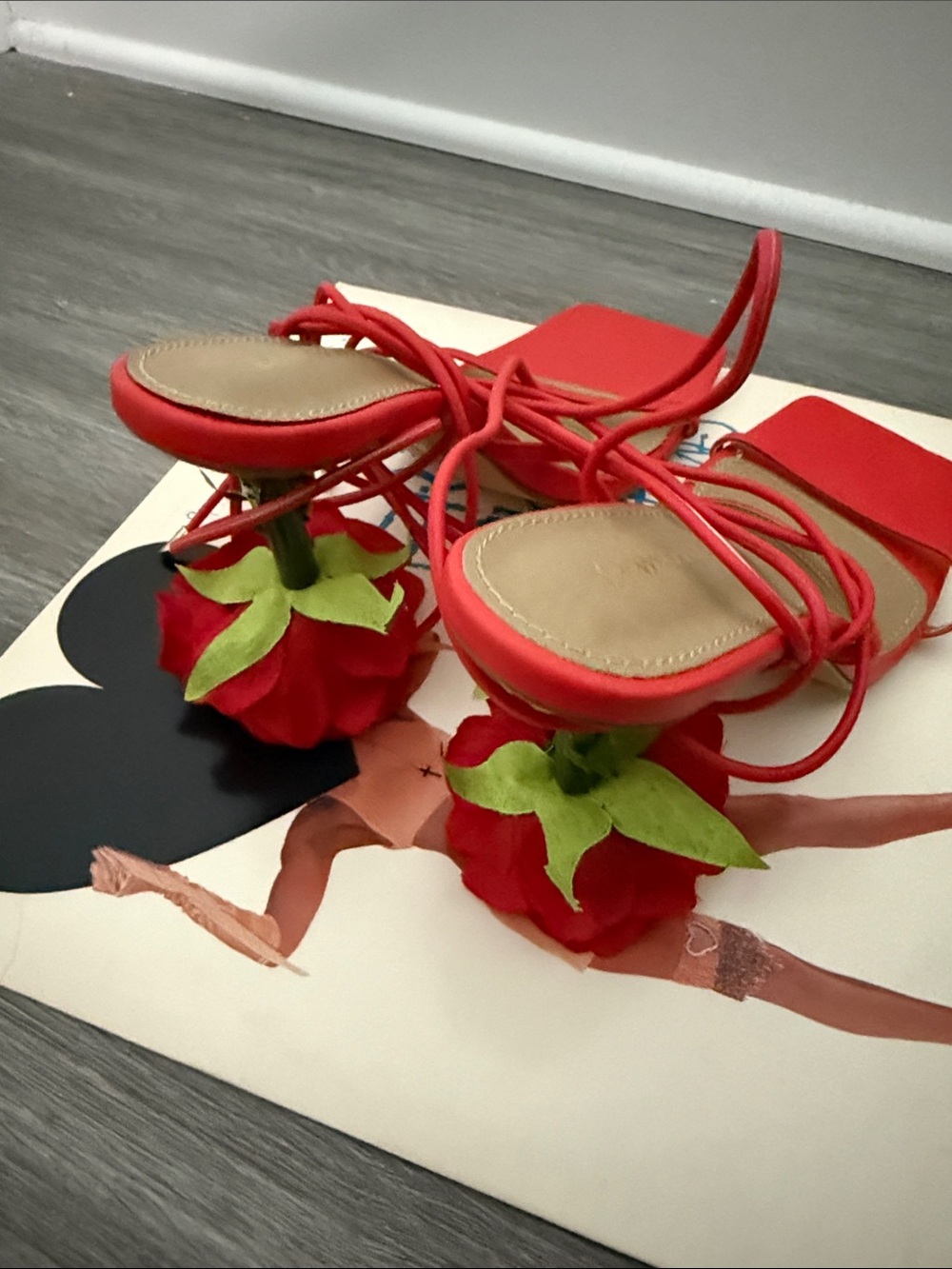 🌹Red Lace-Up Heels with Rose Detail at the Heel